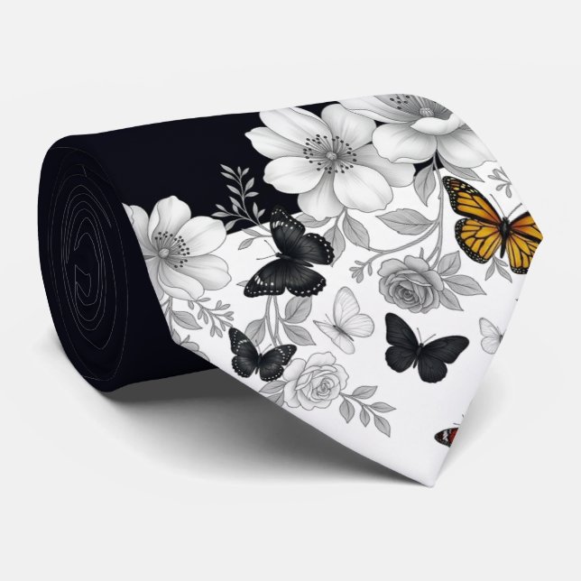 Corbata Floral en blanco y negro y mariposas  (Enrollado)
