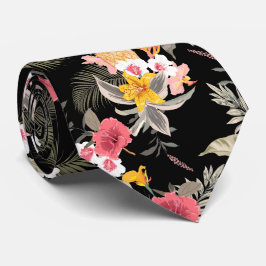 Corbata Floral Hibiscus Pineapple Hawaii Print on Black
