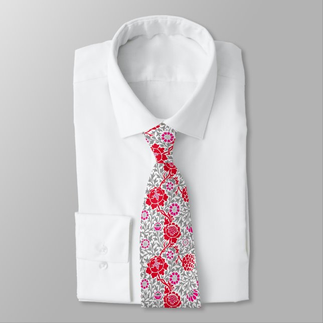 Corbata Floral jacobea, rojo profundo, rosa y gris (Atado)