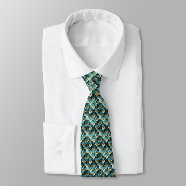 Corbata Floral Japonés Verde Azul Dorado  (Atado)