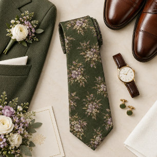 Corbata Floral Malva Polvorienta Forrajeada sobre Verde Mu