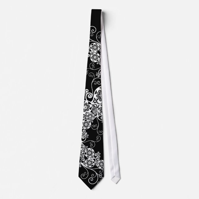 Corbata Floral Paisley blanco negro Boda de estilo (Anverso)