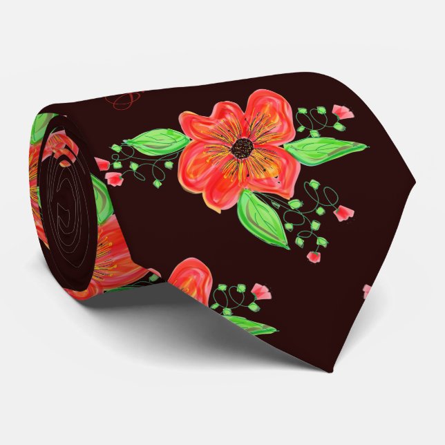 Corbata Floral roja sobre Borgoña (Enrollado)