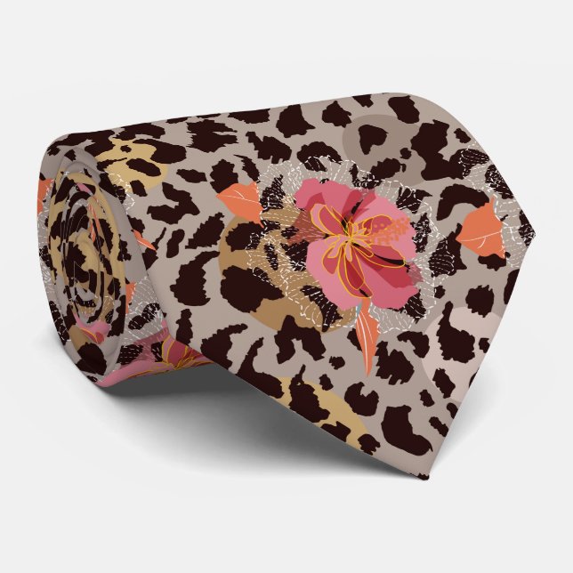 Corbata Floral Rosa Exótico sobre Estampado de Animal de L (Enrollado)