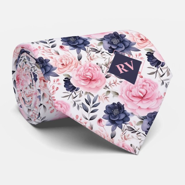 Corbata Floral rosa y azul acuática (Enrollado)