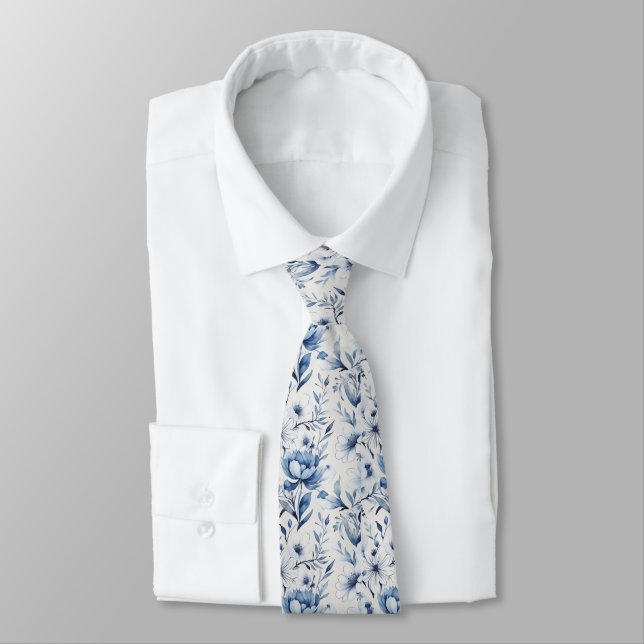 Corbata Floral Toile Azul Blanco para Boda de Homb (Atado)