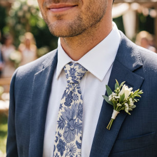 Corbata floral vintage boho azul con estampado