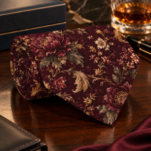 Corbata Floral Vintage Borgoña de Lujo - botánica oscura