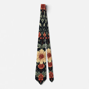 Corbata Floral Vintage de Naranja, Amarillo y Verde sobre 