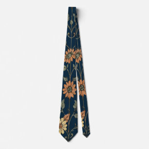 Corbata Floral vintage naranja y amarillo sobre azul oscur