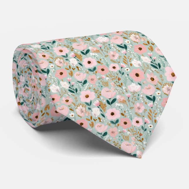 Corbata Florales Acuarela Rosa Verde Padrinos de Boda  (Enrollado)