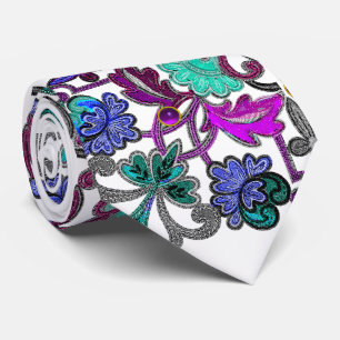 Corbata FLORALES BLANCAS FLORES AZUL VERDOSO PURPURA ,Pied