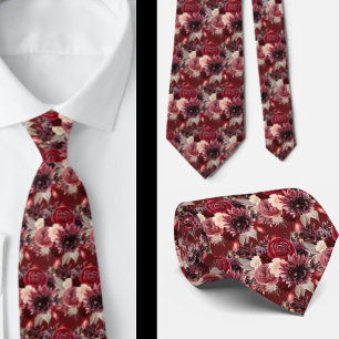 Corbata Flores acuáticas de Boho de vino de Borgoña