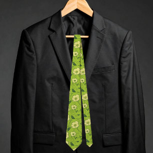 Corbata Flores Amarillas Con Enredaderas Y Círculos Sobre