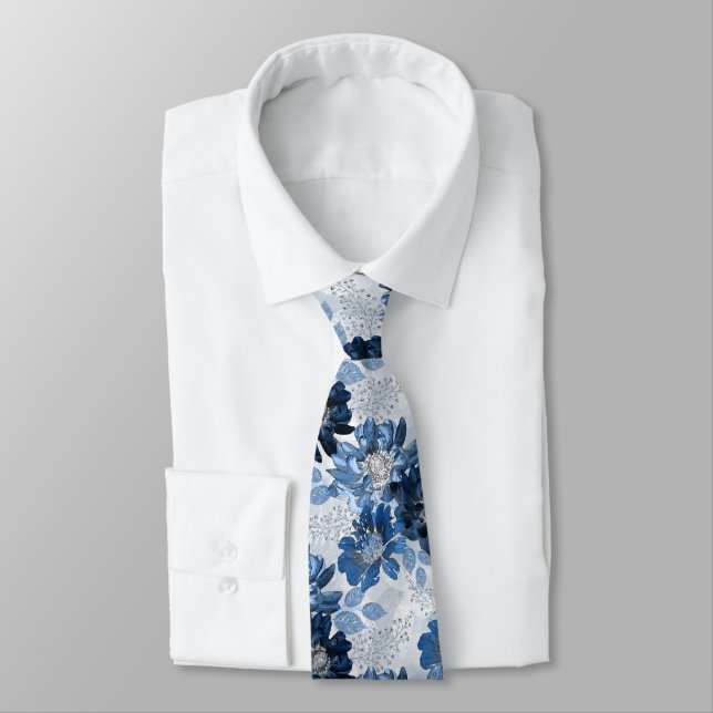 Corbata Flores azul claro, azul oscuro sobre gris claro (Atado)