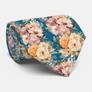 Corbata Flores azul naval polvoriento y rosa melocotón Flo