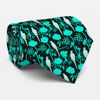 CORBATA FLORES AZULES VERDE AZULADOS ART DECO, PARROS BLAN