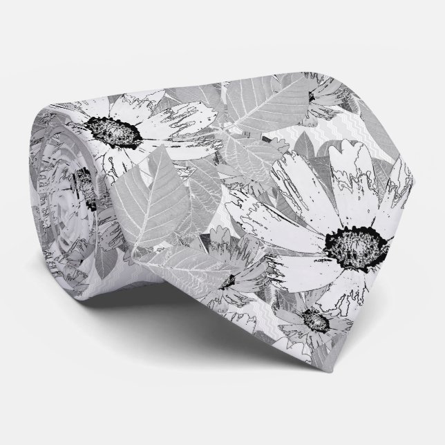 Corbata Flores blancas en gris claro. (Enrollado)