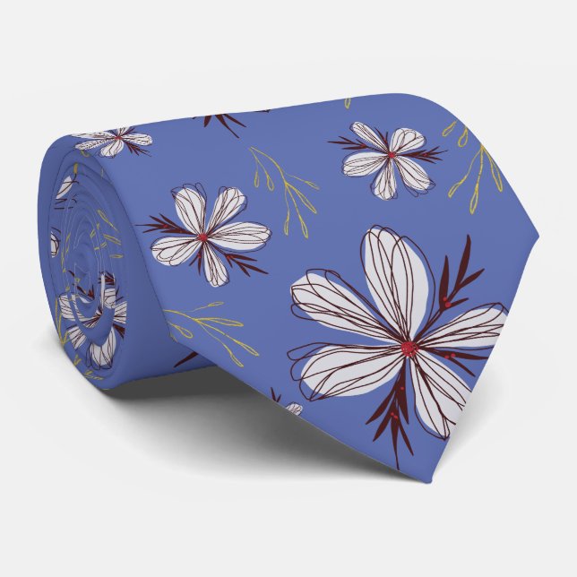 CORBATA FLORES BLANCOS, FONDO AZUL (Enrollado)