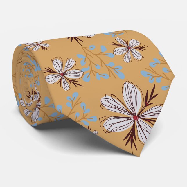 CORBATA FLORES BLANCOS, FONDO BEIGE (Enrollado)