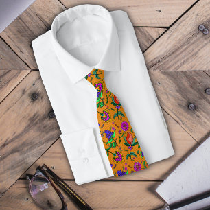 Corbata Flores Coloridas Kalamkari Fondo Amarillo Verde