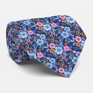 Corbata Flores Coloridas Y Hoja Sobre Fondo Azul Oscuro