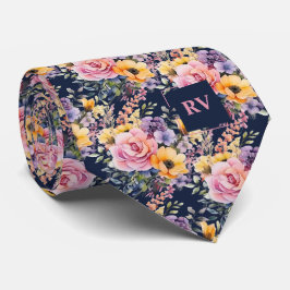 Corbata Flores de acuarela azul de la marina rosa elegante