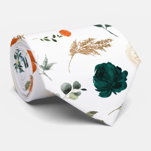 Corbata Flores de acuarela Bosque Verde Óxido Naranja Rosa