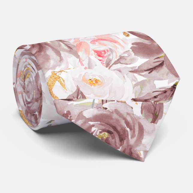 Corbata Flores de acuarela Dusty Rose Blush Rosas rosadas  (Enrollado)