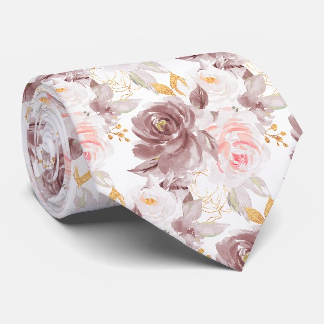 Corbata Flores de acuarela Dusty Rose Blush Rosas rosadas  (Enrollado)
