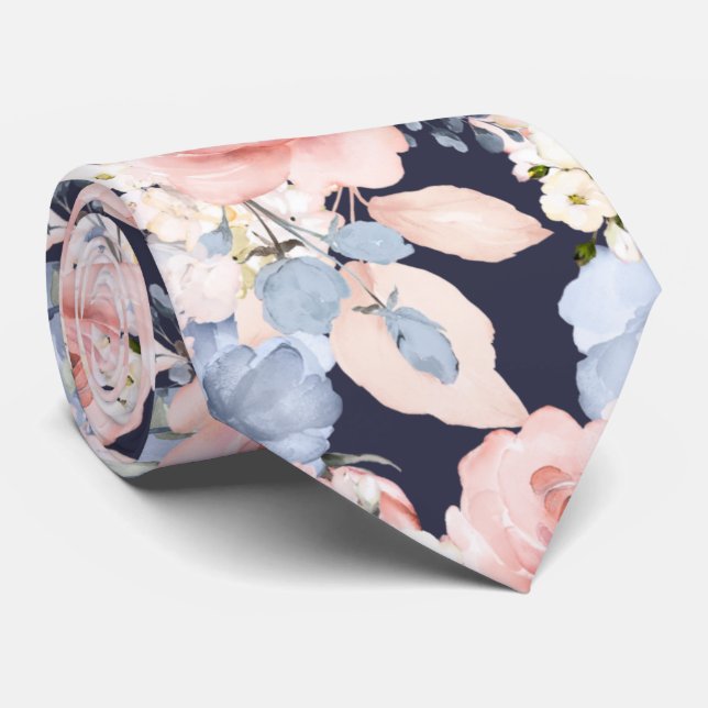 Corbata Flores de acuarela Rosas azules polvorientas y ros (Enrollado)