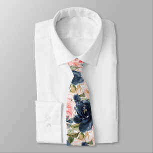 Corbata Flores de acuarela Rosas rosadas azul marino
