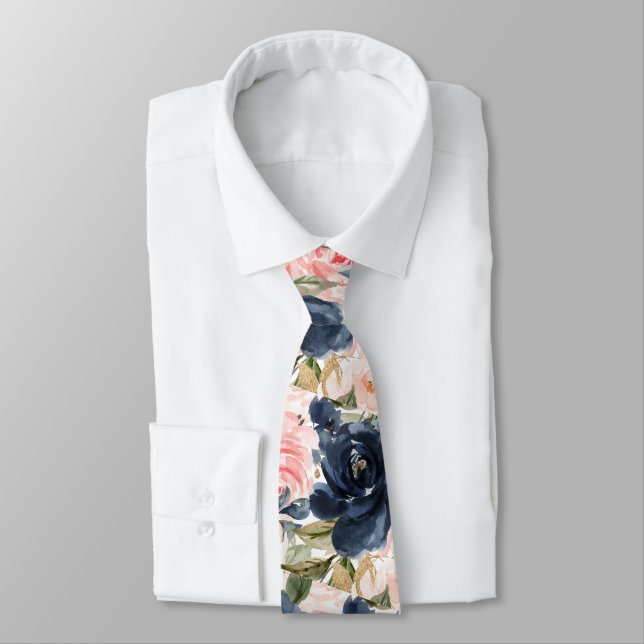 Corbata Flores de acuarela Rosas rosadas azul marino   (Atado)