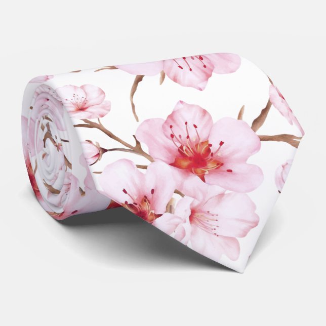 Corbata Flores de cerezo acuarela rosa polvoriento blanco (Enrollado)