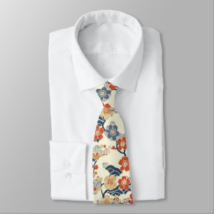 Corbata Flores de ciruela Ume japonesas crema ola azul mar