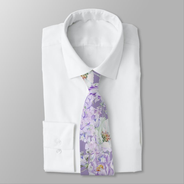 Corbata Flores de lila en acuarela sobre lavanda (Atado)