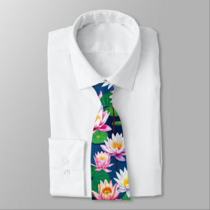 Corbata Flores de Loto de Agua Blanca Rosa y Hojas Verdes