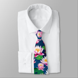 Corbata Flores de Loto de Agua Rosa Blanco & Hojas Verdes