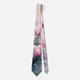 Corbata Flores de Magnolia Rosa Botánico Monogramado