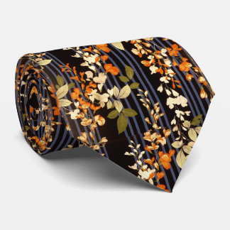 CORBATA FLORES DE NARANJA BLANCO, FRANJAS NEGRAS AZULES, F