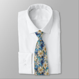 Corbata Flores de Pascua de Navidad de Oro Blanco Azul