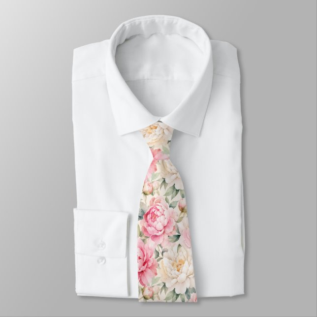 Corbata Flores de peonía de acuarela en pastel suave (Atado)