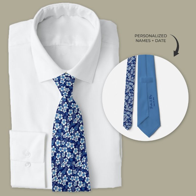 Corbata Flores de plumeria azul de Hawái personalizadas (Blue Hawaiian personalized wedding ties for groomsmen and groom.)