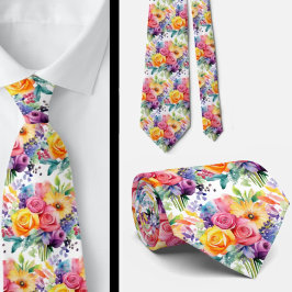 Corbata Flores de Primavera Arcoíris Colorido Acuarela Flo