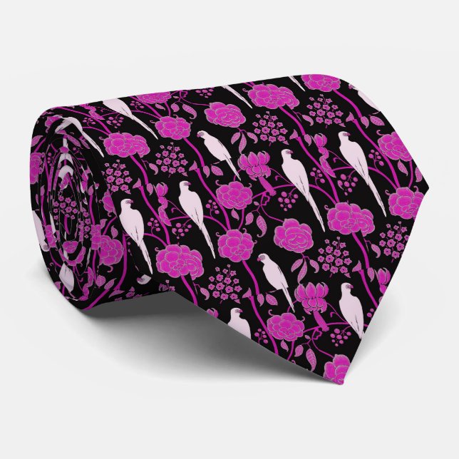 CORBATA FLORES DE PURPLE ART DECO, PARROS BLANCOS EN NEGRO (Enrollado)