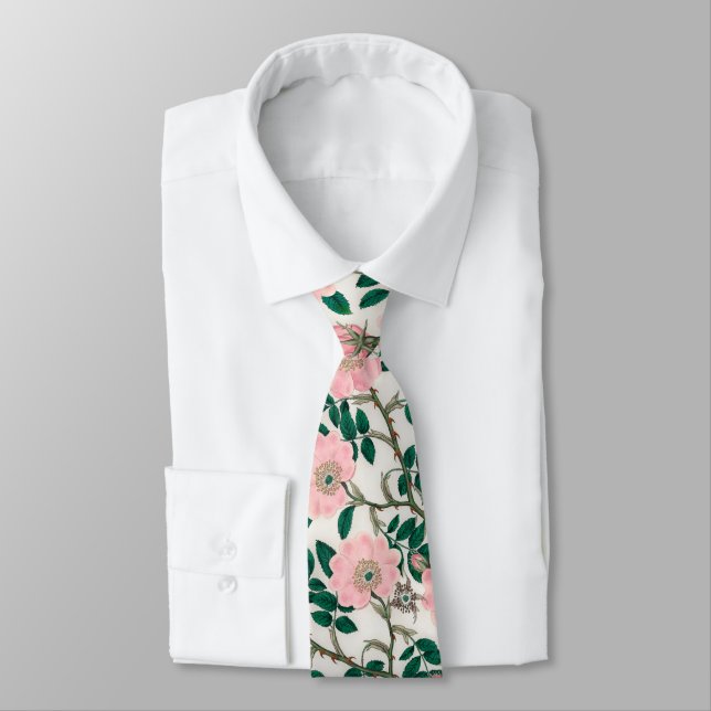 Corbata Flores de Rosa salvajes rosadas y patrón de hojas  (Atado)