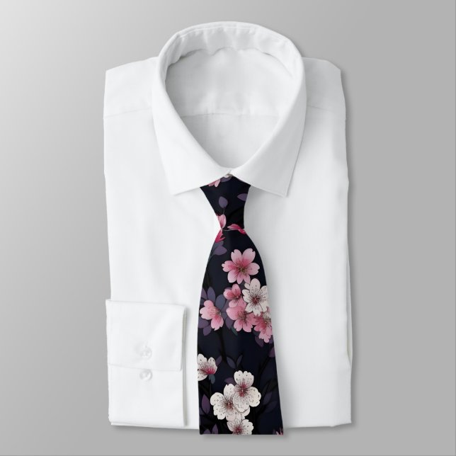 Corbata Flores de Sakura rosada negra, diseño de patrones, (Atado)