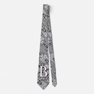 Corbata Flores de tatuaje blanco y negro con monograma flo