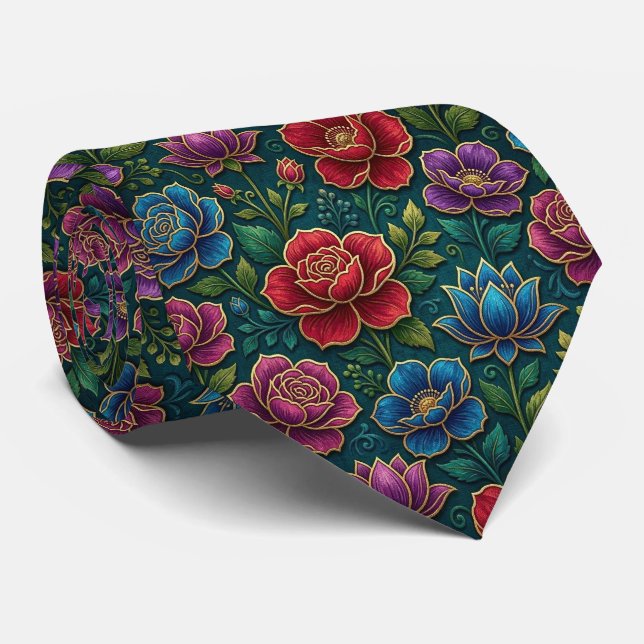 Corbata Flores de Tonos Preciosos con Acentos Dorados (Enrollado)