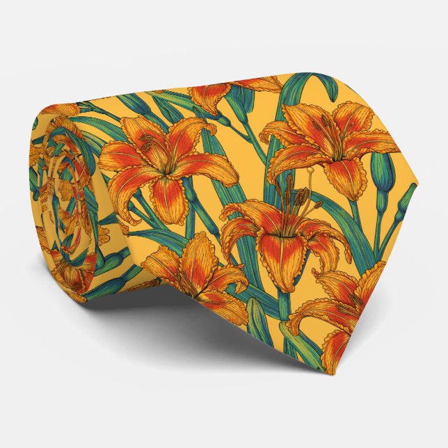 Corbata flores dehemerocallis fulvo, azules y amarillas (Enrollado)